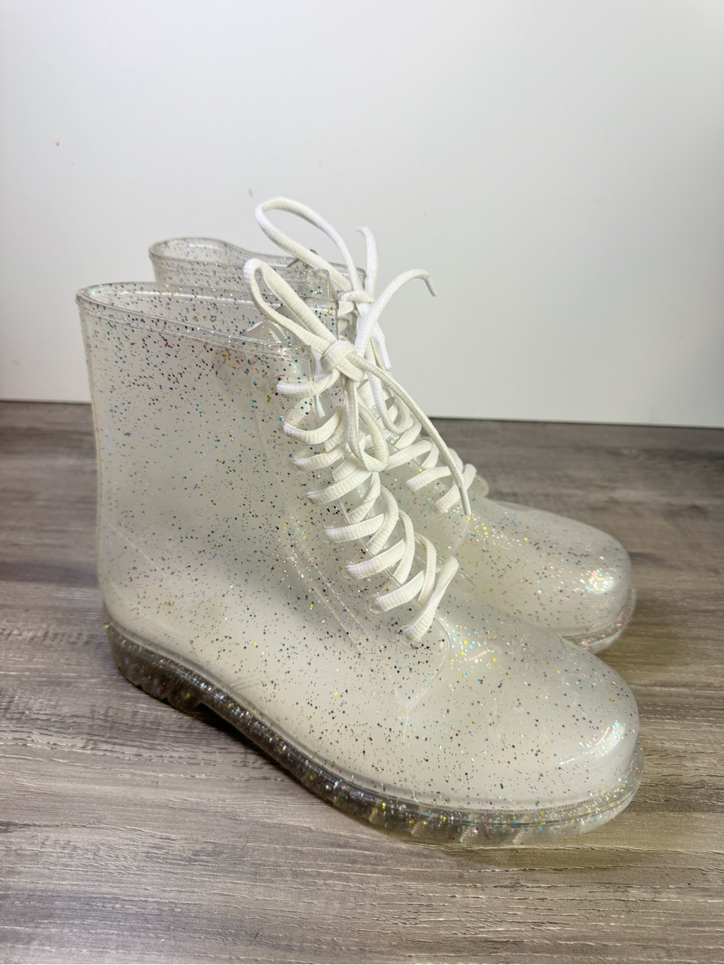 Urban Outfitters Clear Glitter Lace-Up Combat Boots - White Sparkle Size 10
